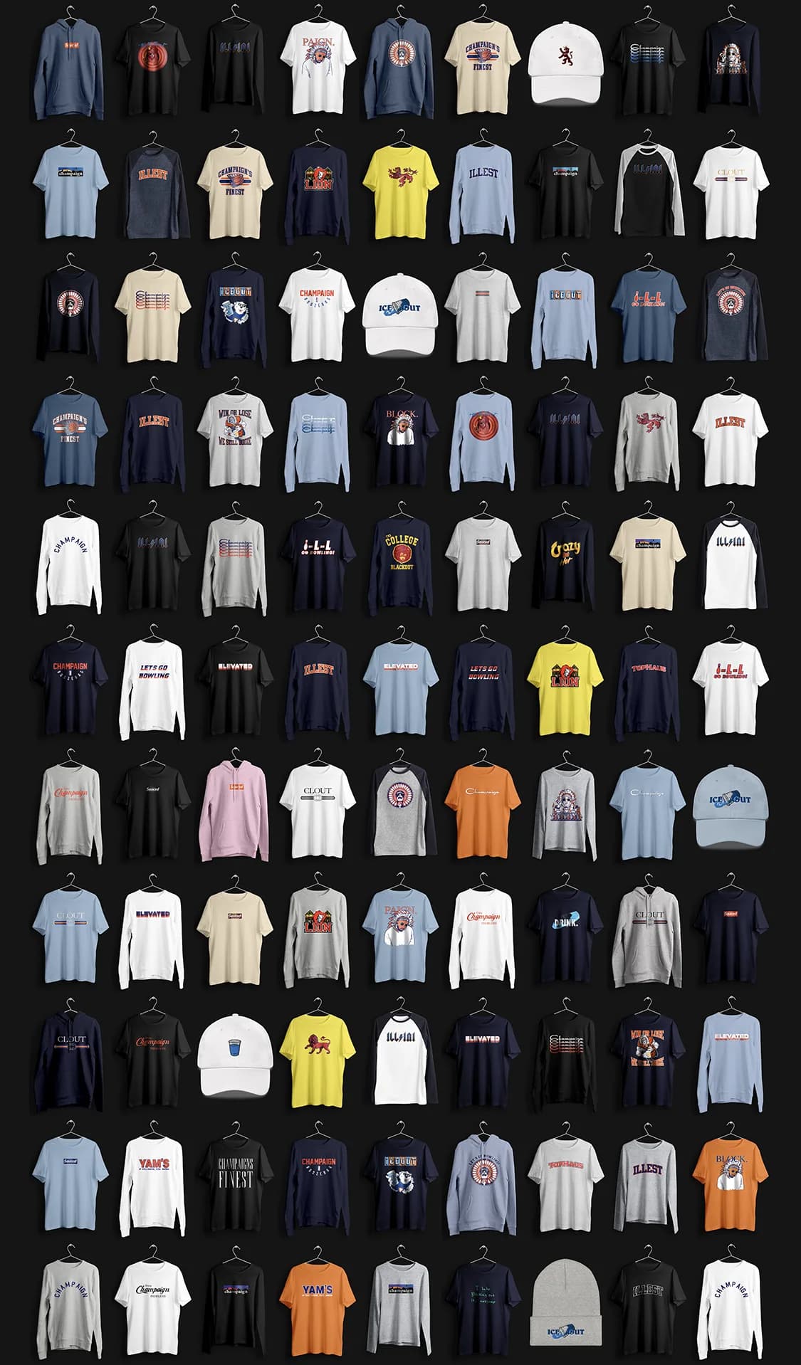 A dense grid of dozens of Champaign's Finest shirt designs.