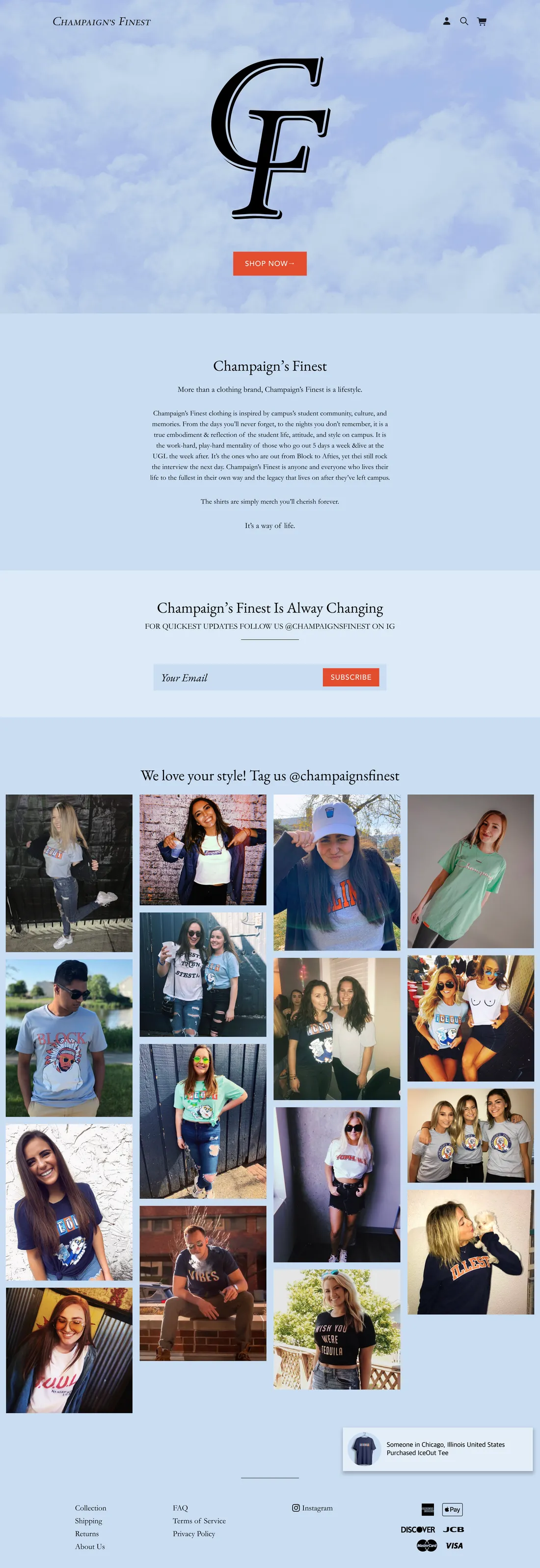 Champaign's Finest storefront homepage, showing the logo, shop, the 'Always Changing' section, and the customer-tagged gallery.