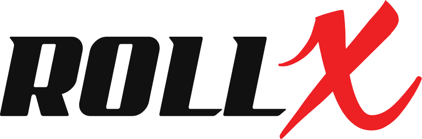Roll X primary logo, a black wordmark with a red brushstroke X.