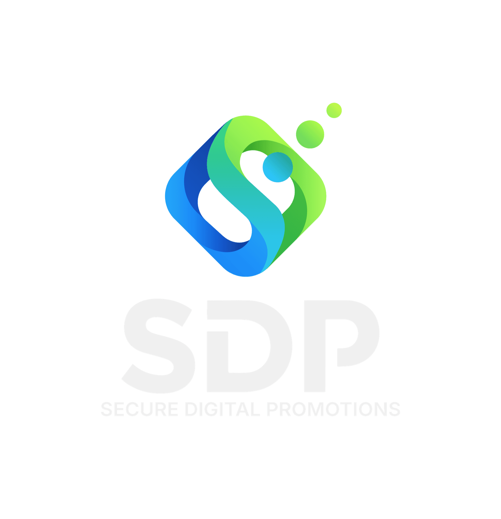 The tall SDP lockup: the gradient mark stacked above the SDP initials and the words Secure Digital Promotions, set in white.