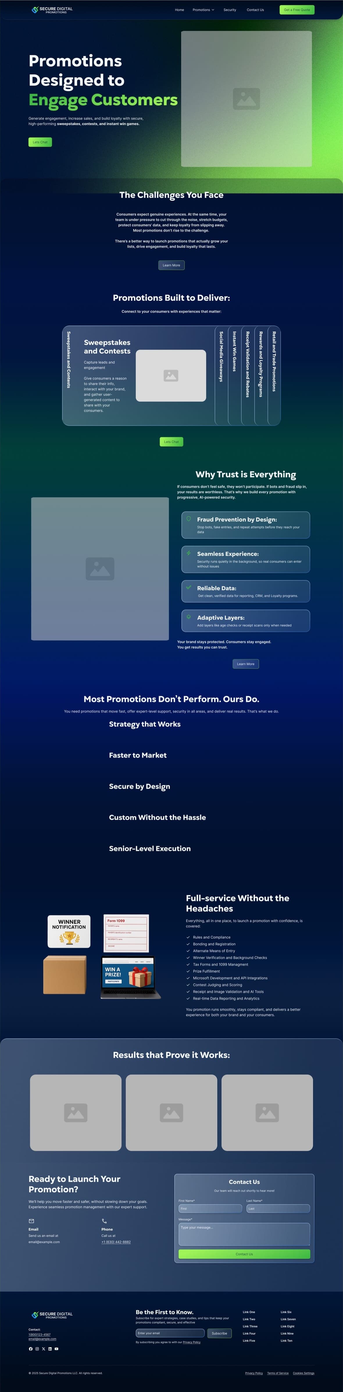 The first SDP site design: a dark navy page washed with a green gradient running from the hero down through the middle sections.
