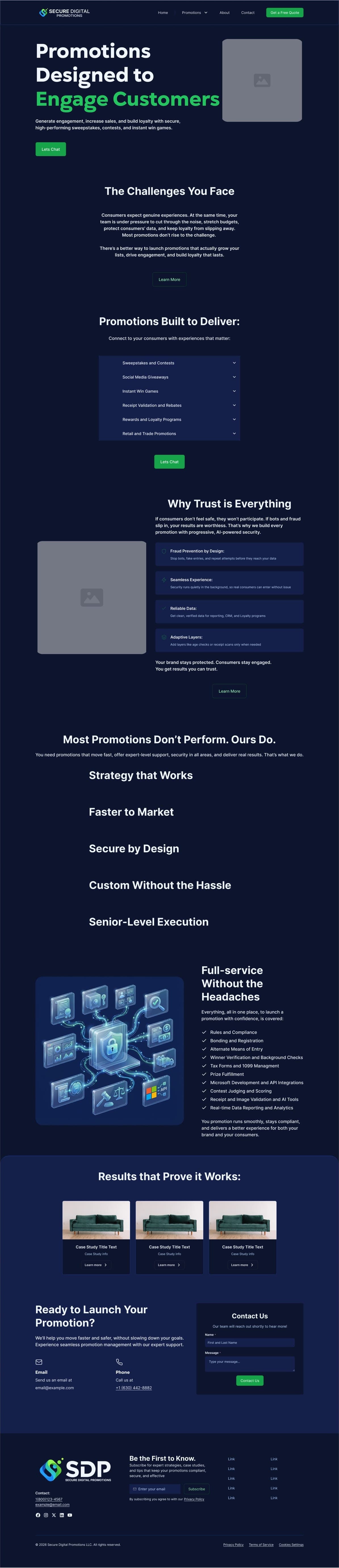 The SDP site design rebuilt on the Chakra UI kit: the same sections and copy on a flat navy field, with the gradient removed.